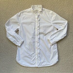 White cotton poplin blouse with frilly collar